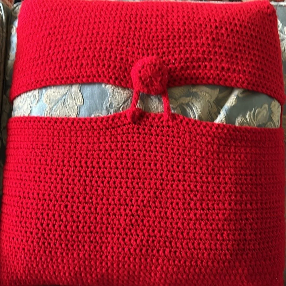 Hand Crafted Bright Blue Knit Throw Pillow Cover 18 x 18 Hand Crochet Heirloom